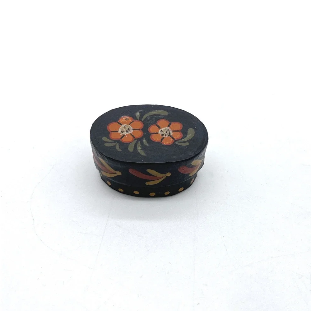 Vintage Folk‎ Art Hand Painted Miniature Trinket Box Floral Black Oval